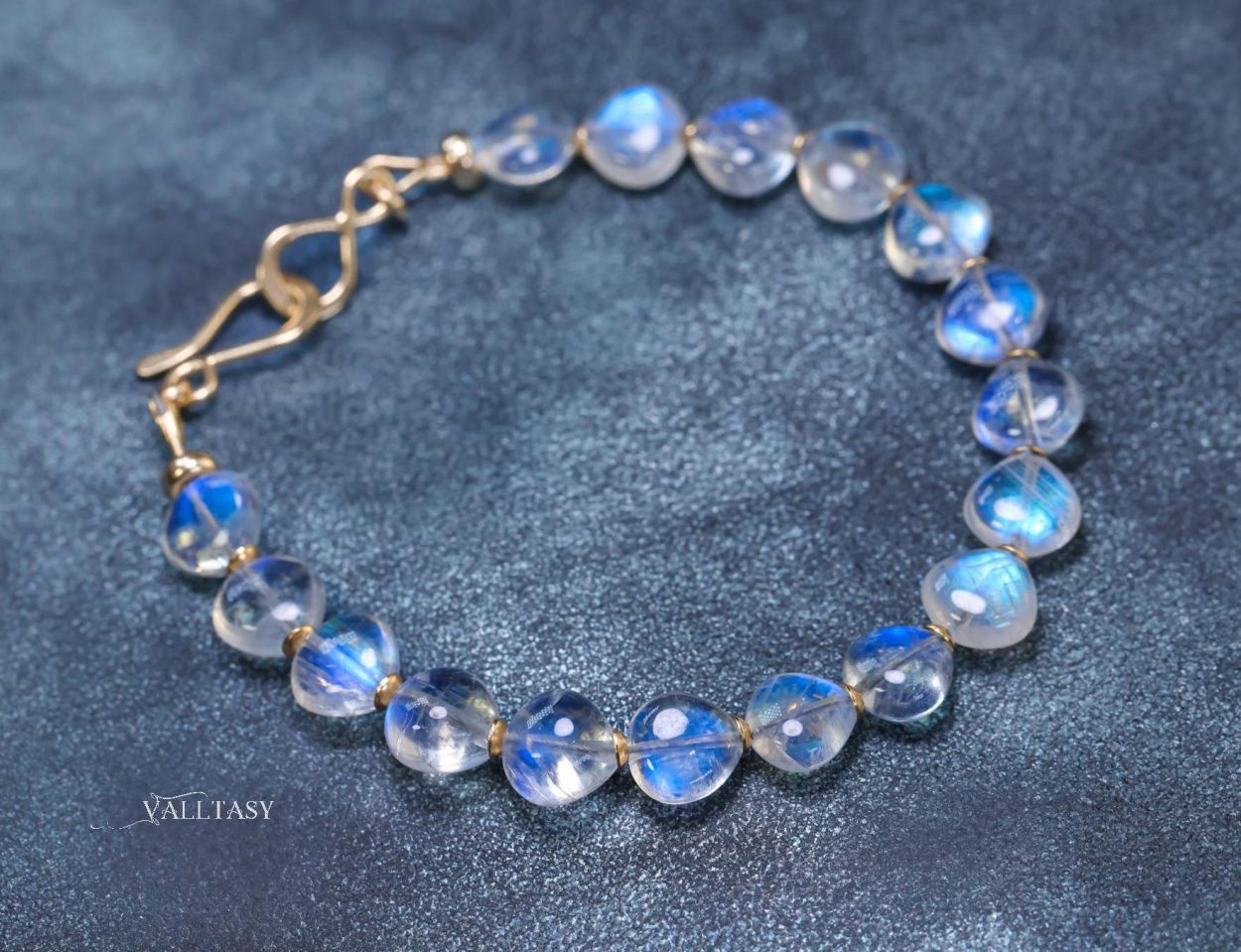 - Solid Gold 14K Rainbow Moonstone Bracelet, Bold Blue Glow Moonstone Beaded Bracelet