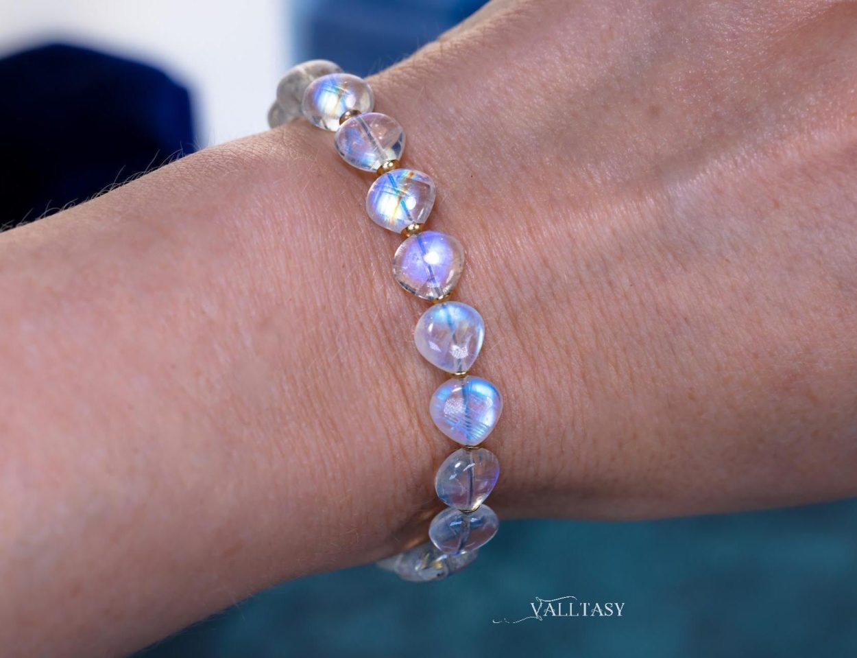 - Solid Gold 14K Rainbow Moonstone Bracelet, Bold Blue Glow Moonstone Beaded Bracelet