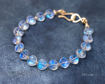 - Solid Gold 14K Rainbow Moonstone Bracelet, Bold Blue Glow Moonstone Beaded Bracelet