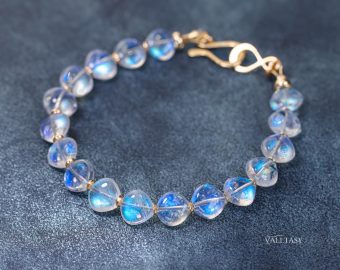 - Solid Gold 14K Rainbow Moonstone Bracelet, Bold Blue Glow Moonstone Beaded Bracelet