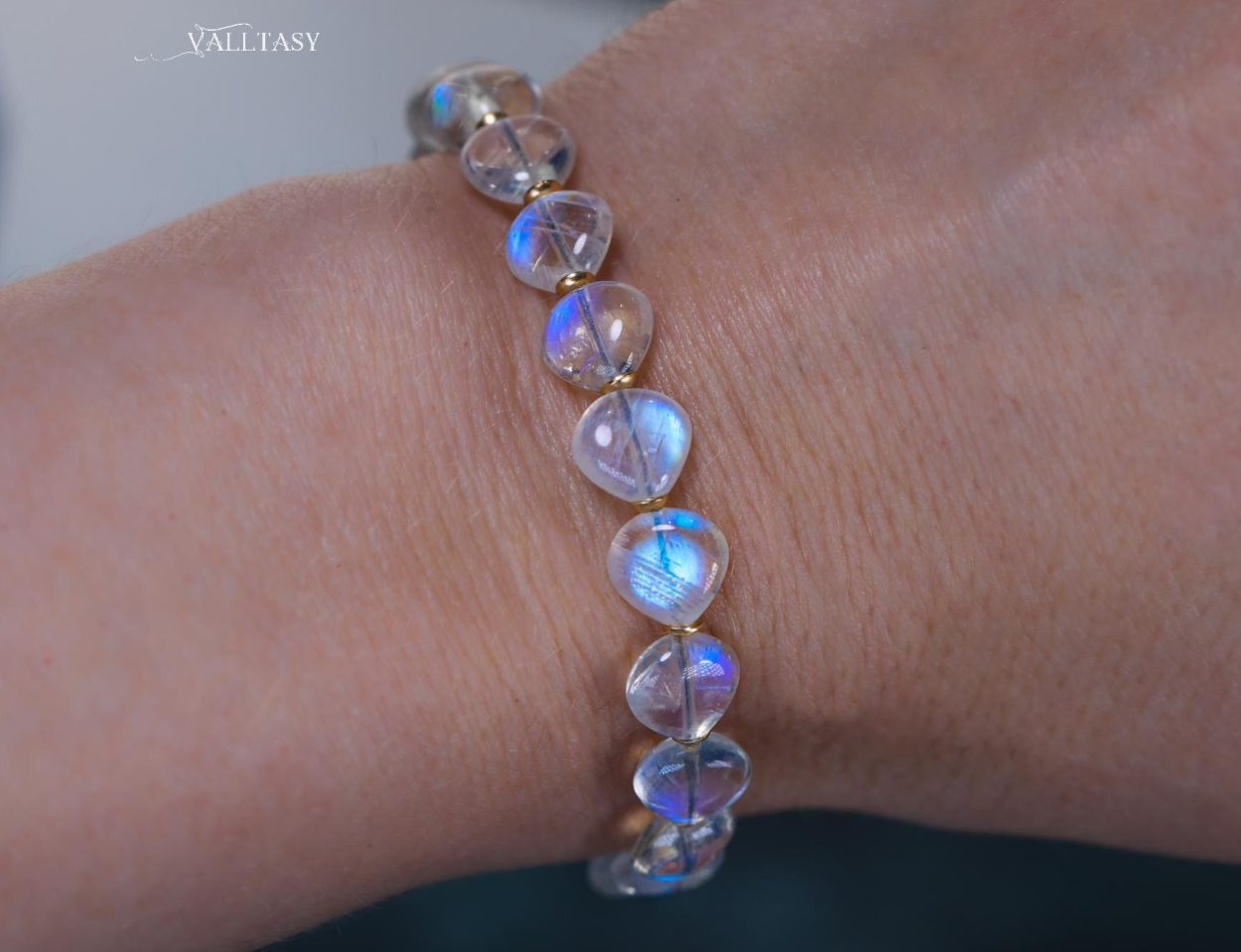 - Solid Gold 14K Rainbow Moonstone Bracelet, Bold Blue Glow Moonstone Beaded Bracelet