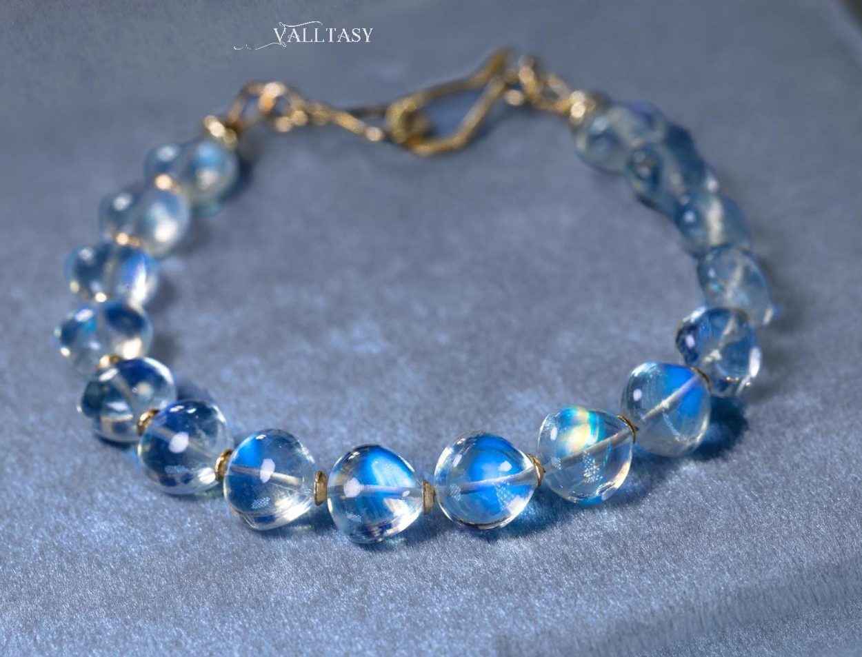 - Solid Gold 14K Rainbow Moonstone Bracelet, Bold Blue Glow Moonstone Beaded Bracelet