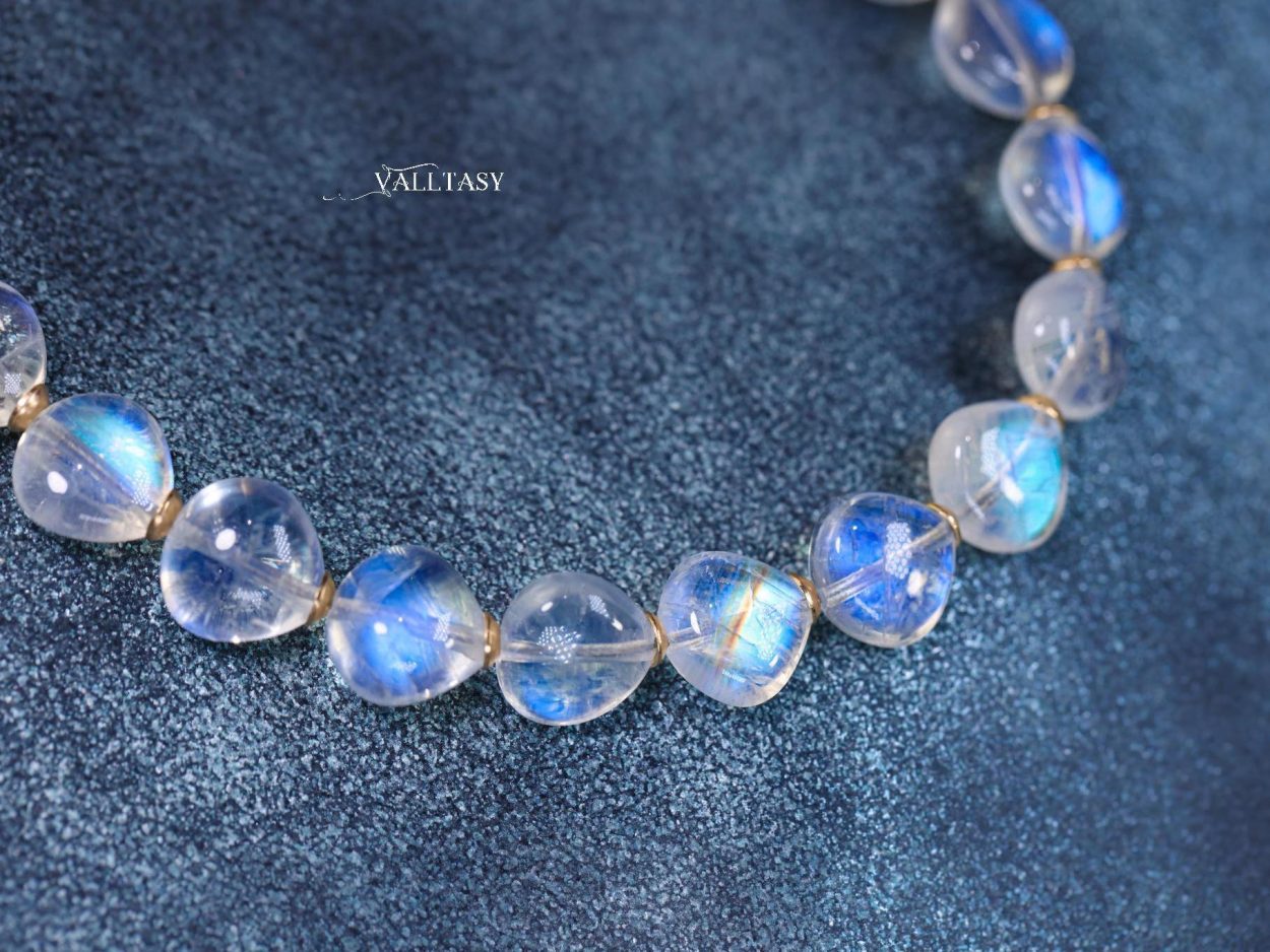 - Solid Gold 14K Rainbow Moonstone Bracelet, Bold Blue Glow Moonstone Beaded Bracelet