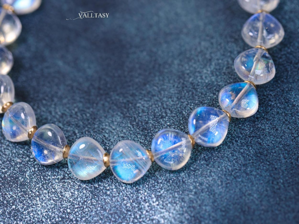 - Solid Gold 14K Rainbow Moonstone Bracelet, Bold Blue Glow Moonstone Beaded Bracelet