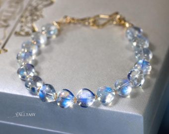 - Solid Gold 14K Rainbow Moonstone Bracelet, Bold Blue Glow Moonstone Beaded Bracelet