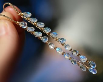 - Solid Gold 14K Rainbow Moonstone Earrings with Genuine Diamonds
