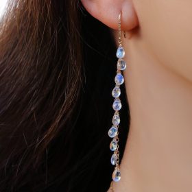 The Diamond Drops Earrings – Solid Gold 14K Rainbow Moonstone Earrings with Genuine Diamonds