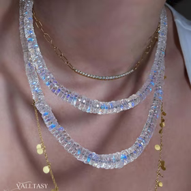 The Dream Necklace – Solid Gold 14K Rainbow Moonstone Necklace, Blue Fire Heishi Moonstone Beaded Necklace