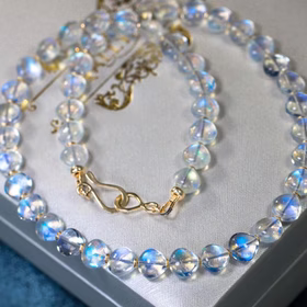 The Night Queen Necklace - Solid Gold 14K Rainbow Moonstone Necklace, Bold Blue Glow Moonstone Beaded Necklace