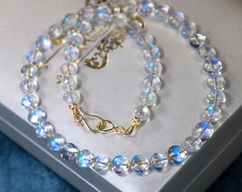 - Solid Gold 14K Rainbow Moonstone Necklace, Bold Blue Glow Moonstone Beaded Necklace