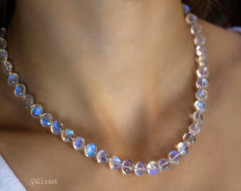 - Solid Gold 14K Rainbow Moonstone Necklace, Bold Blue Glow Moonstone Beaded Necklace