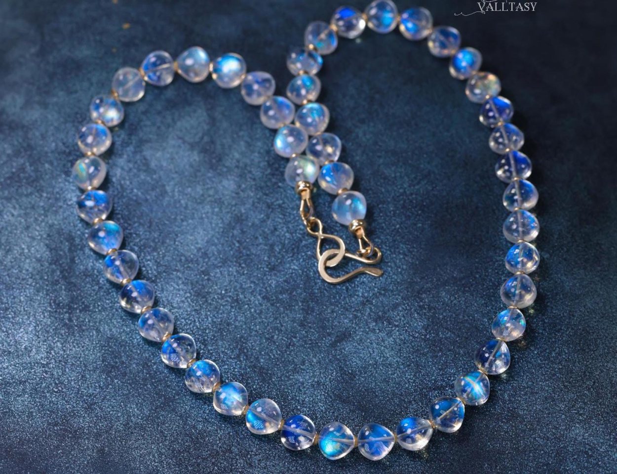 - Solid Gold 14K Rainbow Moonstone Necklace, Bold Blue Glow Moonstone Beaded Necklace