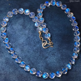 The Night Queen Necklace - Solid Gold 14K Rainbow Moonstone Necklace, Bold Blue Glow Moonstone Beaded Necklace