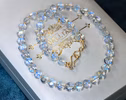 - Solid Gold 14K Rainbow Moonstone Necklace, Bold Blue Glow Moonstone Beaded Necklace