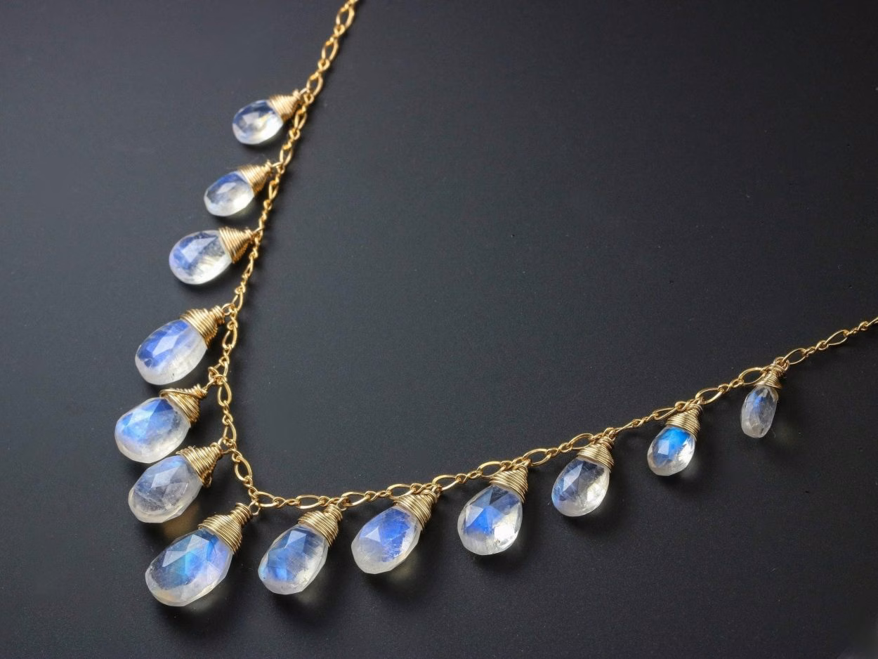 - Solid Gold 14K Rainbow Moonstone Necklace, Drop Necklace, Statement Necklace