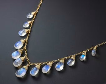 - Solid Gold 14K Rainbow Moonstone Necklace, Drop Necklace, Statement Necklace