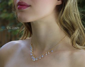 - Solid Gold 14K Rainbow Moonstone Necklace, Drop Necklace, Statement Necklace