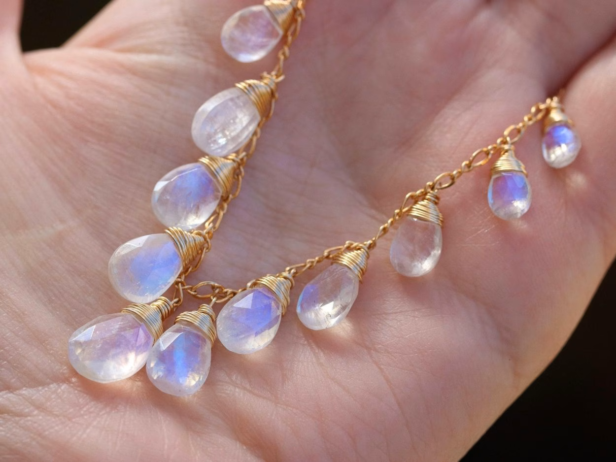 - Solid Gold 14K Rainbow Moonstone Necklace, Drop Necklace, Statement Necklace