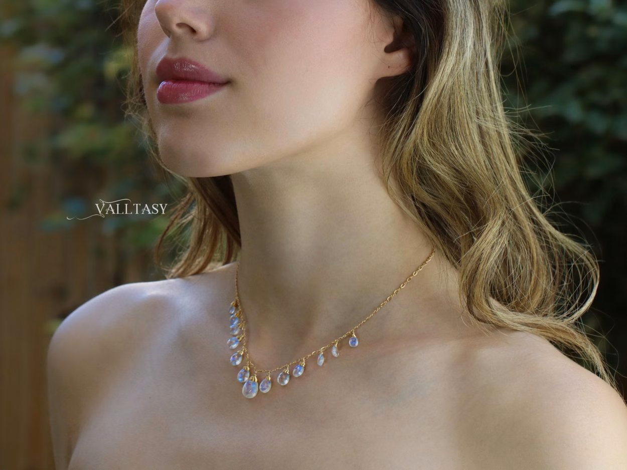 - Solid Gold 14K Rainbow Moonstone Necklace, Drop Necklace, Statement Necklace