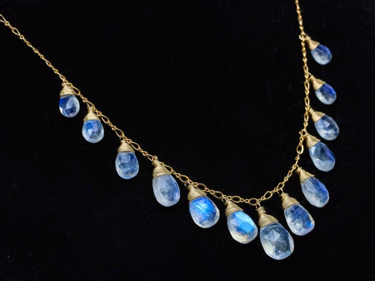 - Solid Gold 14K Rainbow Moonstone Necklace, Drop Necklace, Statement Necklace