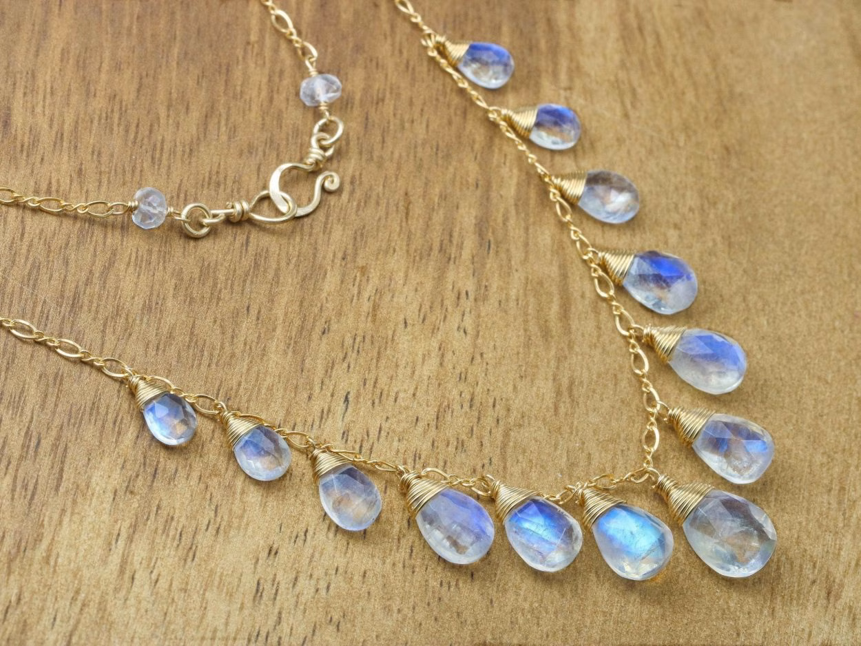 - Solid Gold 14K Rainbow Moonstone Necklace, Drop Necklace, Statement Necklace