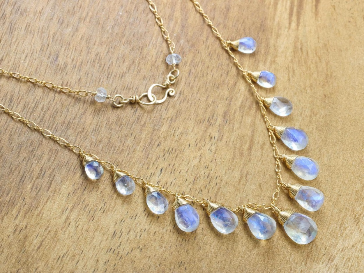 - Solid Gold 14K Rainbow Moonstone Necklace, Drop Necklace, Statement Necklace