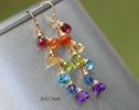 - Solid Gold 14K Rainbow Multi Gemstone Drop Earrings, Linear Gemstone Earrings
