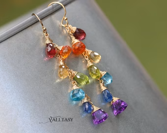 - Solid Gold 14K Rainbow Multi Gemstone Drop Earrings, Linear Gemstone Earrings