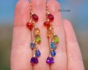 - Solid Gold 14K Rainbow Multi Gemstone Drop Earrings, Linear Gemstone Earrings