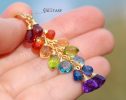 - Solid Gold 14K Rainbow Multi Gemstone Drop Earrings, Linear Gemstone Earrings