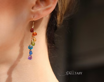 - Solid Gold 14K Rainbow Multi Gemstone Drop Earrings, Linear Gemstone Earrings