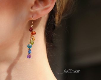 - Solid Gold 14K Rainbow Multi Gemstone Drop Earrings, Linear Gemstone Earrings