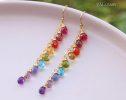 - Solid Gold 14K Rainbow Multi Gemstone Drop Earrings, Linear Gemstone Earrings