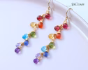 - Solid Gold 14K Rainbow Multi Gemstone Drop Earrings, Linear Gemstone Earrings
