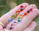 - Solid Gold 14K Rainbow Multi Gemstone Drop Earrings, Linear Gemstone Earrings