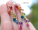 - Solid Gold 14K Rainbow Multi Gemstone Drop Earrings, Linear Gemstone Earrings