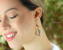 - Solid Gold 14K Rainbow Multi Gemstone Drop Earrings, Linear Gemstone Earrings
