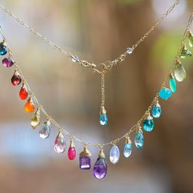 The Fancy Day Necklace - Solid Gold 14K Rainbow Multi Gemstone Necklace in Solid Gold, Precious Drop Necklace