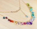- Solid Gold 14K Rainbow Multi Gemstone Necklace in Solid Gold, Precious Drop Necklace