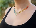 - Solid Gold 14K Rainbow Multi Gemstone Necklace, Precious Drop Necklace