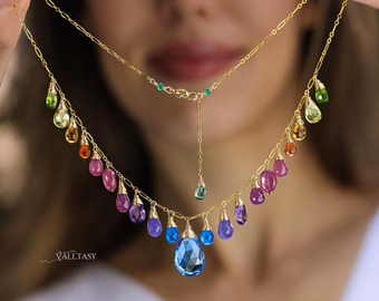 - Solid Gold 14K Rainbow Multi Gemstone Necklace, Precious Drop Necklace