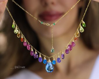 - Solid Gold 14K Rainbow Multi Gemstone Necklace, Precious Drop Necklace