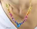 - Solid Gold 14K Rainbow Multi Gemstone Necklace, Precious Drop Necklace