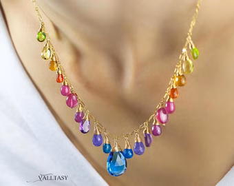 - Solid Gold 14K Rainbow Multi Gemstone Necklace, Precious Drop Necklace