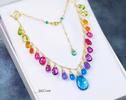 - Solid Gold 14K Rainbow Multi Gemstone Necklace, Precious Drop Necklace