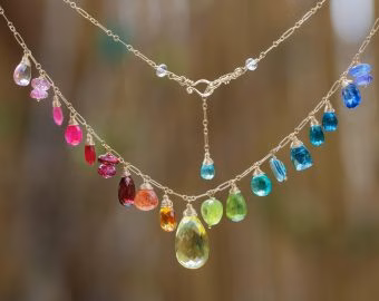 - Solid Gold 14K Rainbow Multi Gemstone Necklace, Precious Drop Necklace