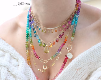 - Solid Gold 14K Rainbow Multi Gemstone Necklace, Precious Drop Necklace