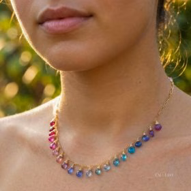 The Mermaid Dream Necklace – Solid Gold 14K Rainbow Multi Gemstone Necklace, Precious Drop Necklace