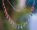 - Solid Gold 14K Rainbow Multi Gemstone Necklace, Precious Drop Necklace