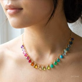 The Rainbow Day Necklace – Solid Gold 14K Rainbow Multi Gemstone Necklace, Precious Drop Necklace
